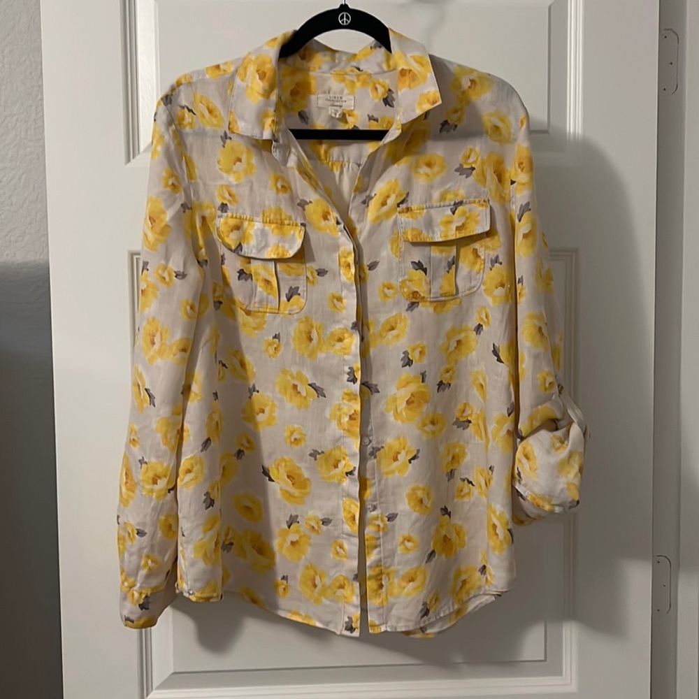 Charter Club Luxury 100% Linen size Large yellow and tan button down casual